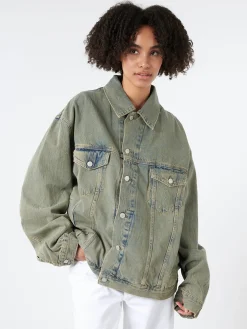 New - Kataya U Delta Denim Jacket in Blue and Beige Women Outerwear