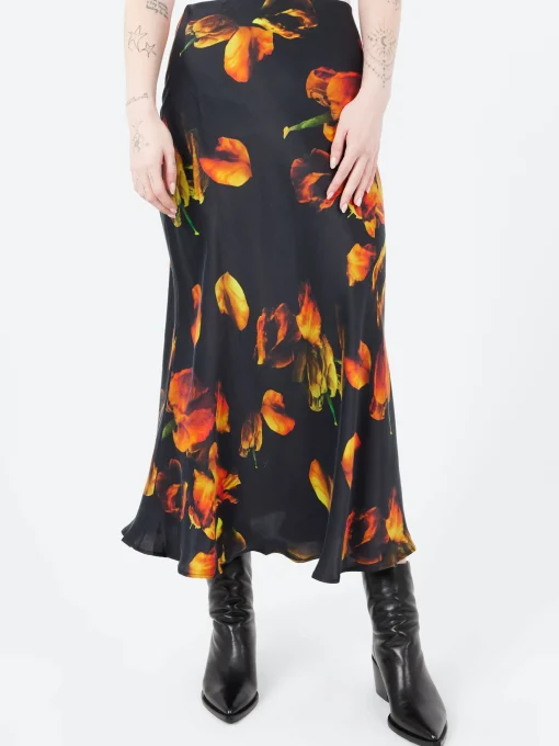 New - Long Bias Cut Skirt in Tulipa Black Women Skirts