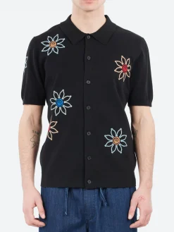 New - Tellaro Embroidered Knitted Cotton Polo in Black Polos